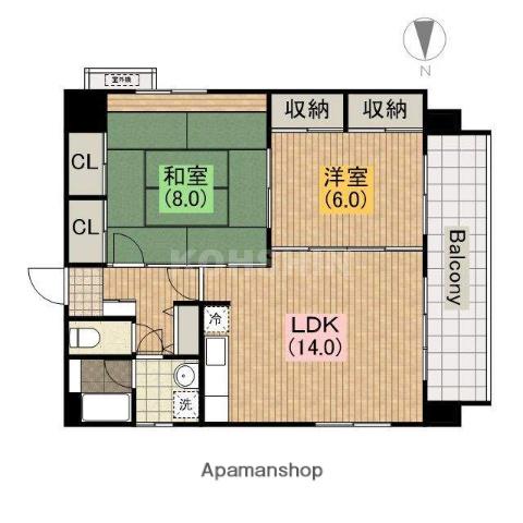 日宝サンフラッツ上町台(2LDK/5階)の間取り写真