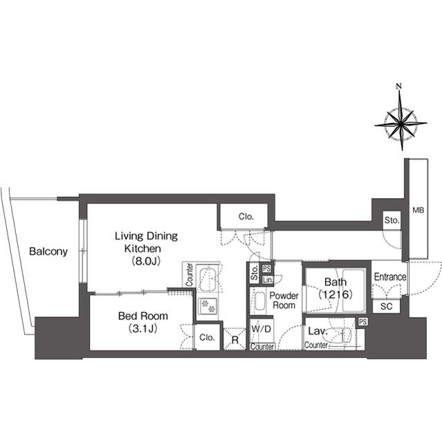 コンフォリア・リヴ本町ウエストQ(1LDK/16階)の間取り写真