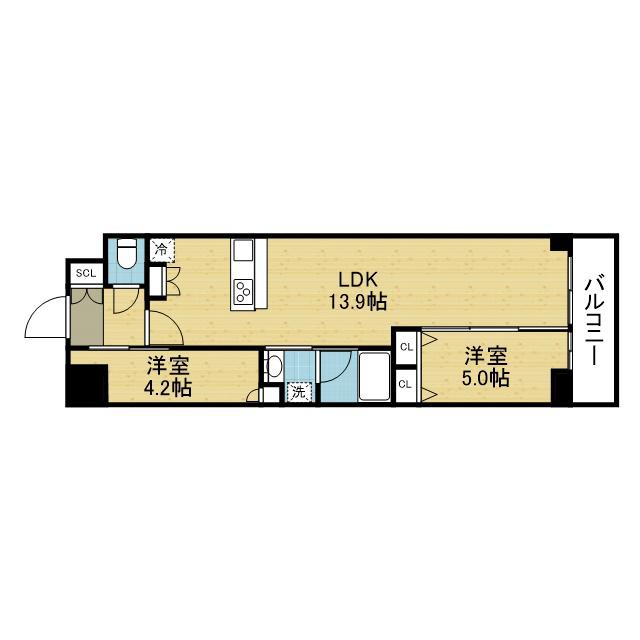 スプランディッド上本町ウエストⅡ(2LDK/13階)の間取り写真