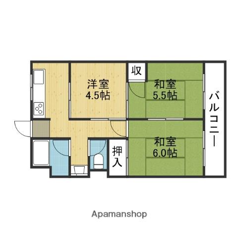 夕陽丘コーポ(2DK/3階)の間取り写真