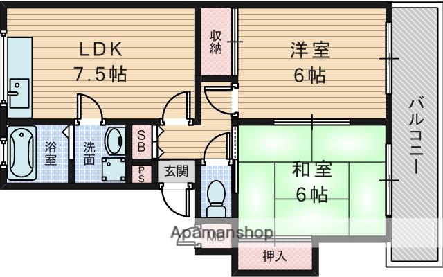 第2シャトー中尾(2LDK/5階)の間取り写真
