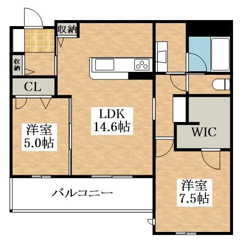 フレシア天王寺 北棟(2LDK/2階)の間取り写真