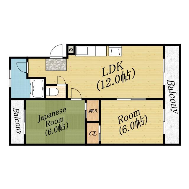 シャトー松原B棟(2LDK/3階)の間取り写真