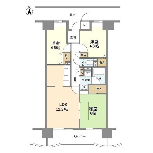 グランデージ住之江(3LDK/1階)の間取り写真