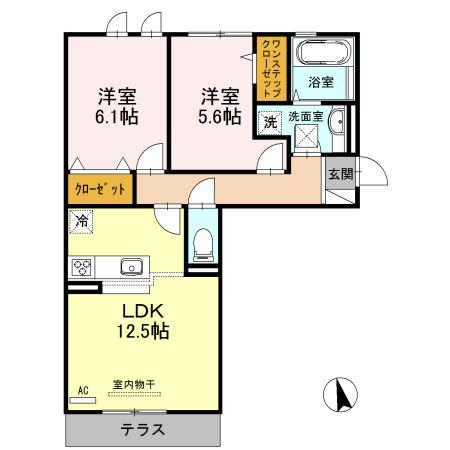 ルシエル メイキラ B棟(2LDK/1階)の間取り写真
