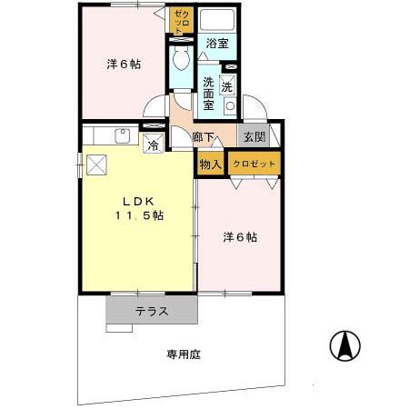 ライフランドスケープA棟(2LDK/1階)の間取り写真