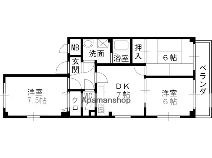 東海道本線 甲子園口駅 徒歩7分 3階建 築27年(3DK/2階)の間取り写真