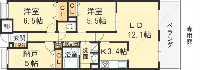 甲子園三番町ハイツ(2SLDK/1階)の間取り写真