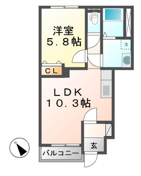 ノース34.83(1LDK/1階)の間取り写真