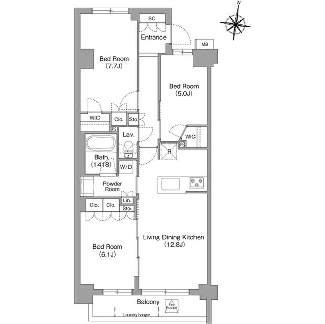 ミレーネ神戸住吉本町(3LDK/3階)の間取り写真