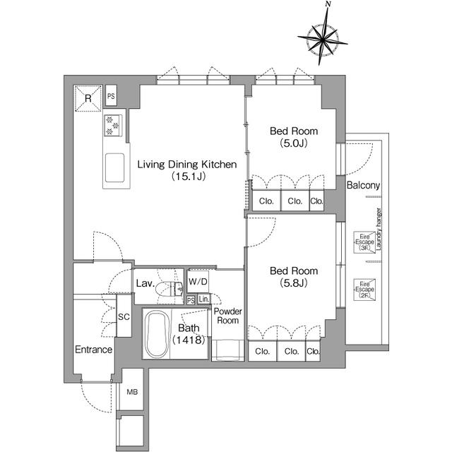 ミレーネ神戸住吉本町(2LDK/3階)の間取り写真