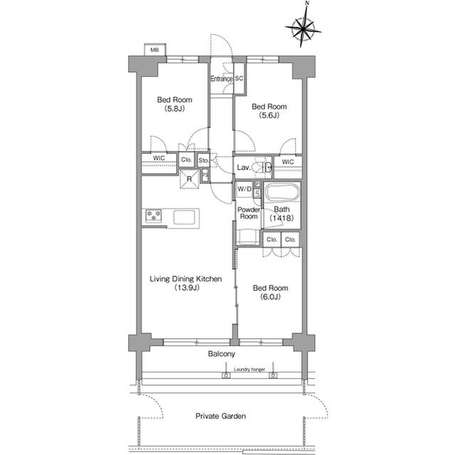 ミレーネ神戸住吉本町(3LDK/B1階)の間取り写真