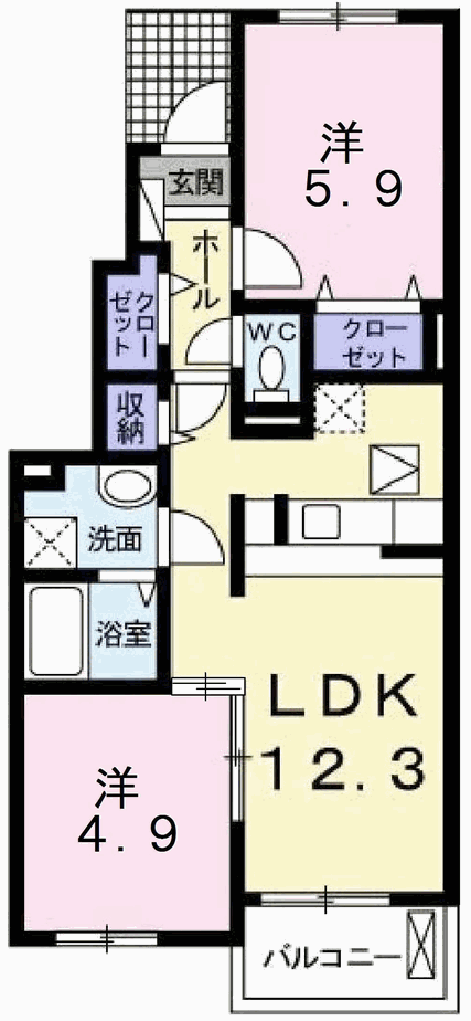 ピアチェーレⅡ(2LDK/1階)の間取り写真