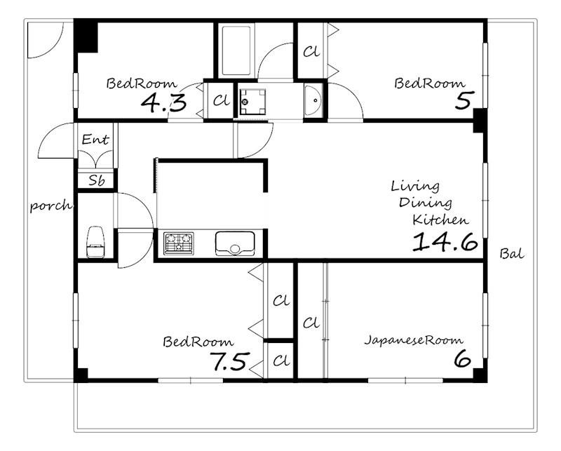 ビッグウェーブビル(4LDK/3階)の間取り写真