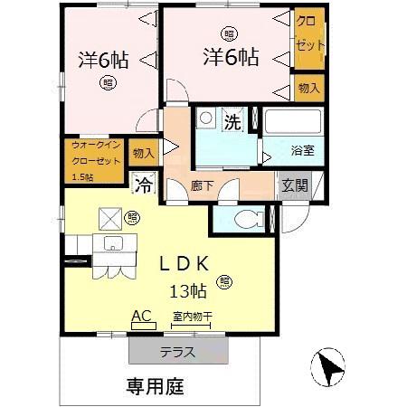 エヴァーコート段町 B棟(2LDK/1階)の間取り写真