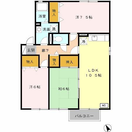 第5グリーンハイツ B棟(3LDK/2階)の間取り写真