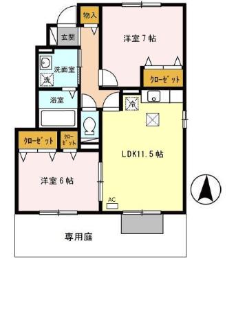 グランドゥール御津 B棟(2LDK/1階)の間取り写真