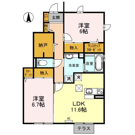 ヴィルヌーブ B棟(2LDK/1階)の間取り写真