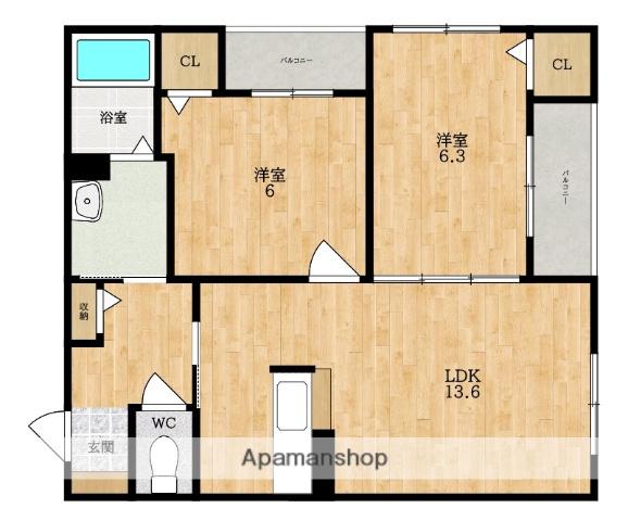 SHAMAISON 観音寺 A(2LDK/2階)の間取り写真