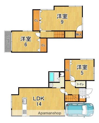近鉄京都線 高の原駅 徒歩26分 2階建 築42年(3LDK)の間取り写真