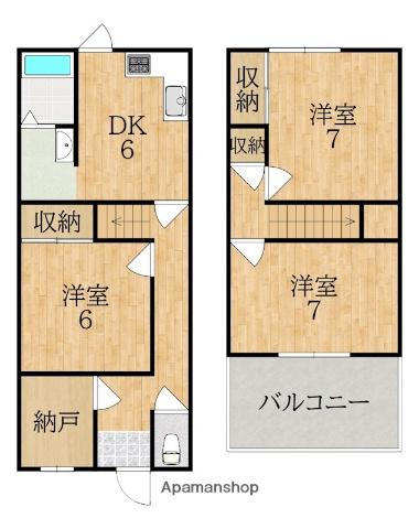 近鉄難波・奈良線 富雄駅 徒歩3分 2階建 築46年(3DK)の間取り写真