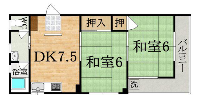 メゾンドフルール生駒壱番館(2LDK/2階)の間取り写真
