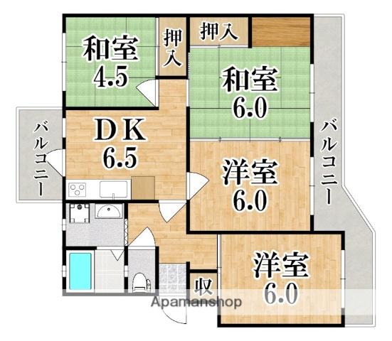 関屋あしびハイツ1号棟(4DK/4階)の間取り写真