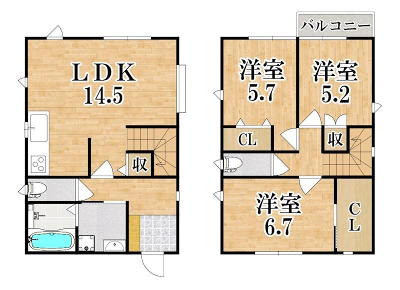 近鉄大阪線 五位堂駅 バス乗車時間：8分 馬見北５丁目バス停で下車 徒歩3分 2階建 築29年(3LDK)の間取り写真
