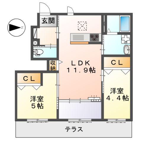 橿原市十市町アパート工事(2LDK/1階)の間取り写真