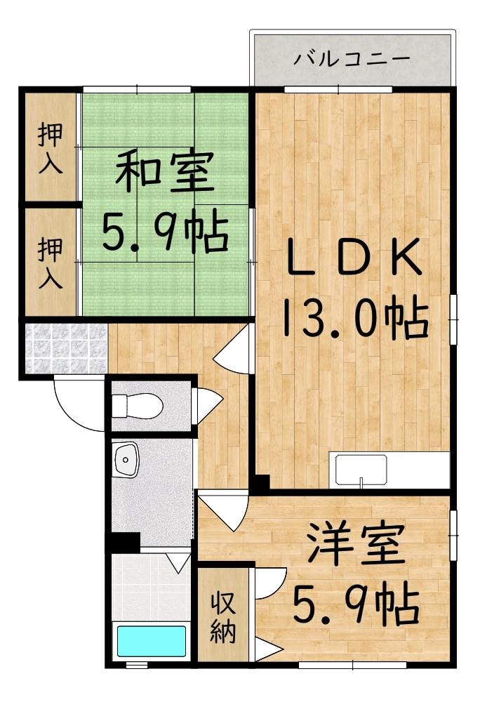 サニーソシアB棟(2LDK/2階)の間取り写真