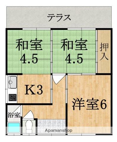 近鉄難波・奈良線 近鉄奈良駅 バス乗車時間：18分 神殿（奈良県）バス停で下車 徒歩7分 1階建 築54年(3K)の間取り写真