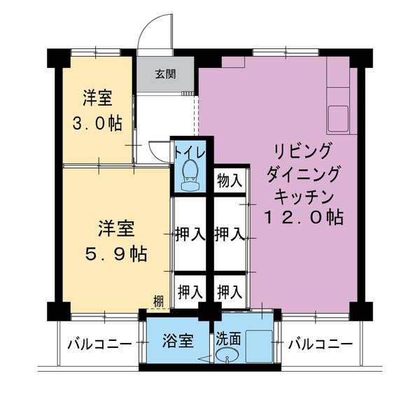 ビレッジハウス見瀬6号棟(2LDK/4階)の間取り写真