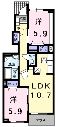 パストラルコート岩出Ⅱ(2LDK/1階)の間取り写真