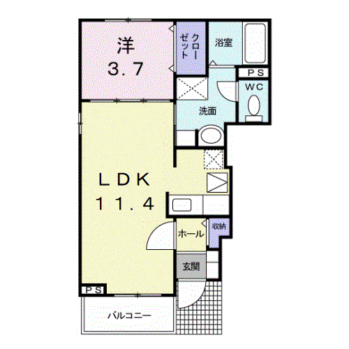 アヴェニール岩出Ⅱ(1LDK/1階)の間取り写真
