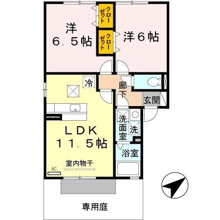 グリーンコート岩出B棟(2LDK/1階)の間取り写真