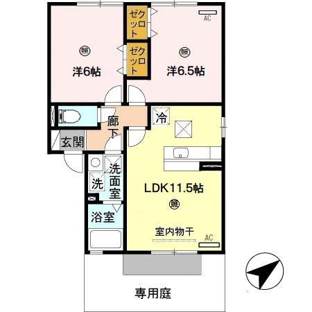 グリーンコート岩出B棟(2LDK/1階)の間取り写真