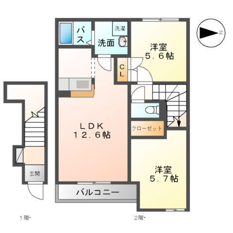ゴーディアス(2LDK/2階)の間取り写真