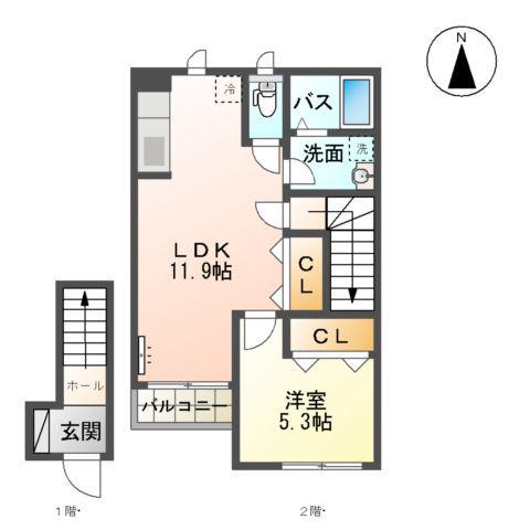 ペイジブルフルール(1LDK/2階)の間取り写真