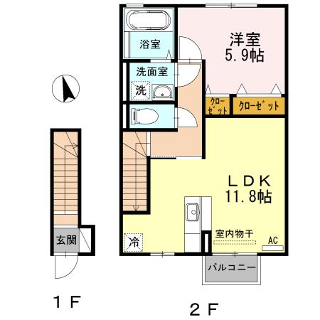 リクラ・クレマチス B棟(1LDK/2階)の間取り写真