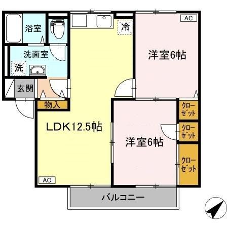 セピアコート B棟(2LDK/1階)の間取り写真