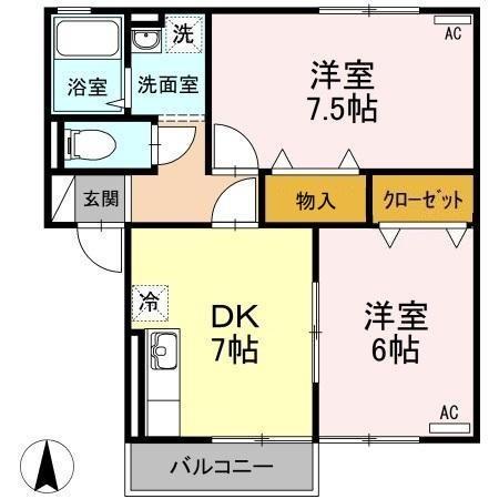 ヴィラージュ桂 I棟(2DK/2階)の間取り写真