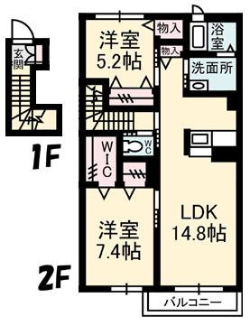 パッションC棟(2LDK/2階)の間取り写真