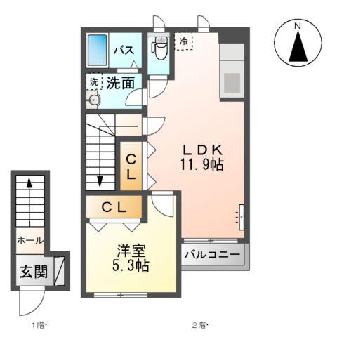 ペイジブルフルール(1LDK/2階)の間取り写真