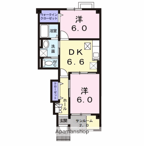 プロムナードB棟(2DK/1階)の間取り写真