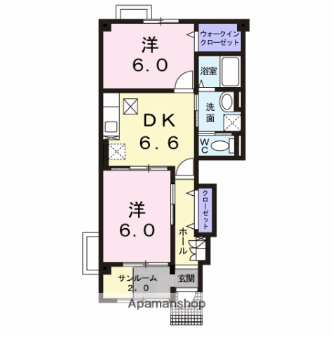 プロムナードB棟(2DK/1階)の間取り写真