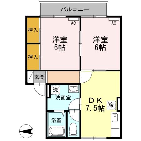 ソレアード上谷A棟(2DK/2階)の間取り写真