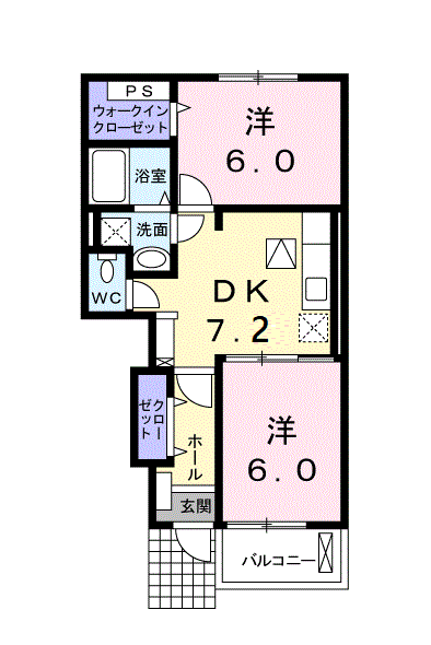 カーサ神立 C(2DK/1階)の間取り写真