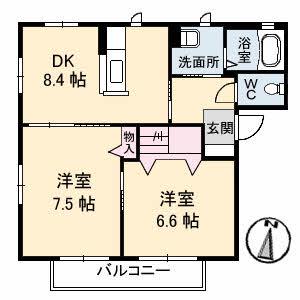 ナモワールA(2DK/2階)の間取り写真
