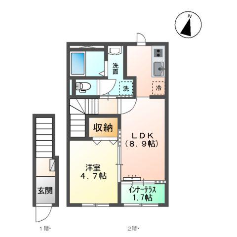 スターテラスⅡ渡橋町1K1LDK(1LDK/2階)の間取り写真
