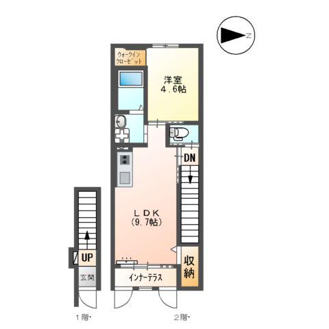 ユニヴァリィⅡ K大津町1LDK1LDK(1LDK/2階)の間取り写真